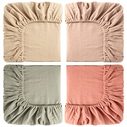 Gerrii 4 Pcs Muslin Mini Crib Sheets Baby Crib Sheets for Boys and Girls Cotton Baby Fitted Crib Sheet Soft Muslin Crib Sheets for Crib Mattress(24 x 38 Inch,Natural Series Color)
