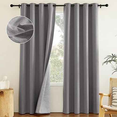 NICETOWN Grey Full Shade Faux Linen Curtain Panels 84 inches Long, Pair of Energy Smart & Noise Blocking Out Blackout Drapes for Guest Room Window, Thermal Insulated Lined Window Dressing