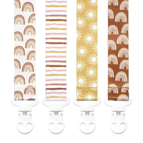 Baby Pacifier Clip Holder - Girl or Boy Unisex 4 Pack Gift Set – Boho Modern Neutral Rainbows Suns Stripes (Boho Baby)
