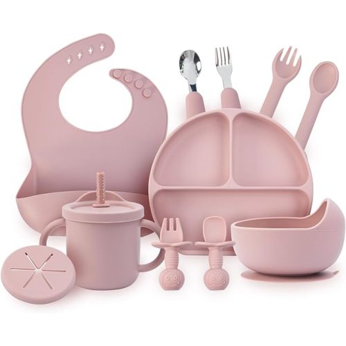 Baby Feeding Set, 13PCS Silicone Baby Self Feeding Set, Toddler Led Weaning Utensils Set with Suction Bowl and Plate, 3 Set of Baby Spoon and Fork, Adjustable Bid, Sippy Cup with Straw and 2 Lids - Pink