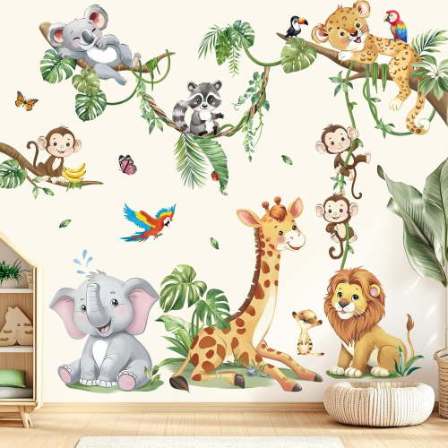 Safari Animals Tree Branch Wall Stickers Jungle Animals Giraffe Elephant Leopard Tropical Leaves Wall Decals Baby Nursery Kids Room Wall Decor