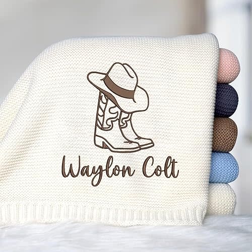 Embroidered Baby Blanket Name, Western Baby Blankets, Personalized Baby Blanket with Name for Boy Girl, Custom Knit Baby Blankets with Embroidery, Strollers Blanket, Car Seat Blanket Cowboy