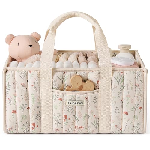Blissful Diary Floral Diaper Caddy Organizer, Stylish Nursery Storage Basket, Gift for Baby Shower, Newborn Essentials, Floral Beige