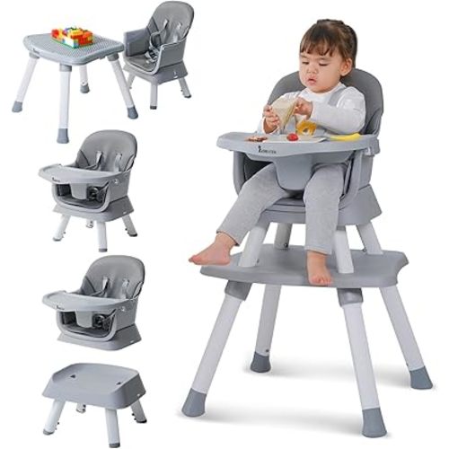 Baby Highchair,8 in 1 High Chairs for Babies and Toddler,Convertible HighChair for Baby, Kids Learning Table,Building Block Table,Kids Stool Table Chair Set with Removable Tray(Grey)