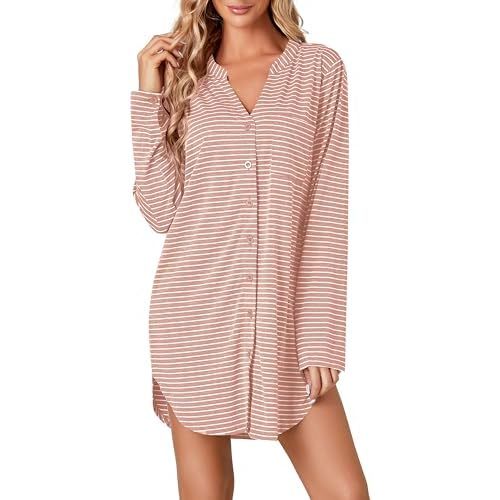 Vrtige Women's Striped Nightshirt Button Down Long Sleeve Nightdress Nightgown with Pocket