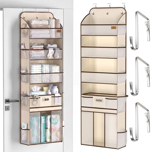 Baby Nursery Over The Door Organizer, 10 Pocket Hanging Storage | Removable Diaper Caddy & 3 Sturdy Hooks, 55LBS Capacity Baby Essentials Holder for Bathroom Bedroom Closet, Beige