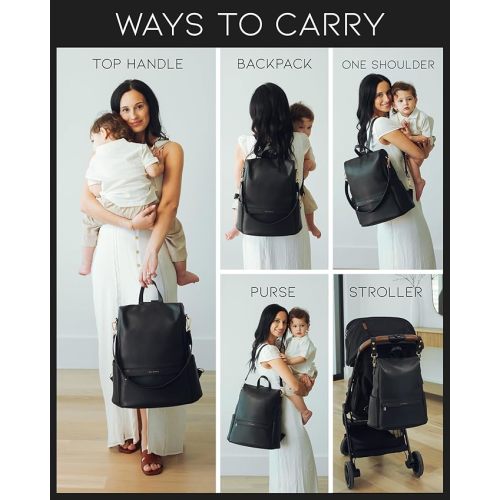 MIA + SOPHIA Leather Diaper Bag Backpack with USB Charging port, Changing Pad, Stroller Straps, and Bottle Holder (Black Mia)
