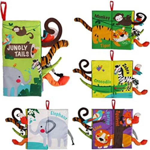 beiens Baby Books Toys, Touch and Feel Crinkle Cloth Books for Babies, Infants & Toddler, Early Development Interactive Car & Stroller Soft Toys Gifts for Boys & Girls (Jungle Tails-1 Book)