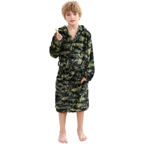 V.&GRIN Boys Fleece Robe, Hooded Toddler Soft Fuzzy Bathrobe for Kids 3-14 Years