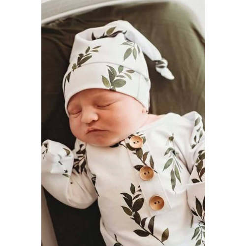 Olive Leaf Newborn Baby Knot Gown & Hat Set