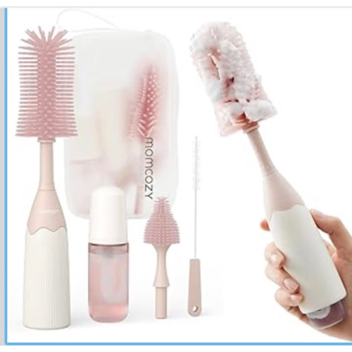 Momcozy Bottle Brush Kit, Innovative Push-Press Design for Better Cleaning - Baby Bottle Cleaner Brush for Baby Bottle, Breast Pumps, Nipples, and More - Can Generate Foam for Better Cleaning, Pink