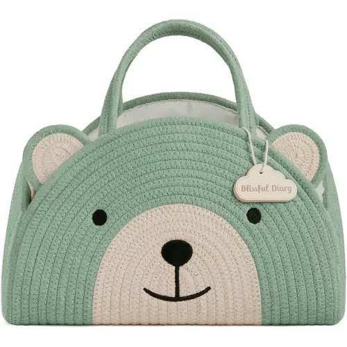 Blissful Diary Baby Diaper Caddy Organizer, Cotton Rope Diaper Caddy Basket, Large Storage Basket, Gift for Baby Shower, Newborn Essentials, Bear Roman Green