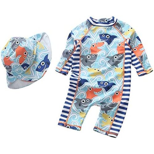 Baby Boys Kids Swimsuit One Piece Toddlers Zipper Bathing Suit Swimwear with Hat