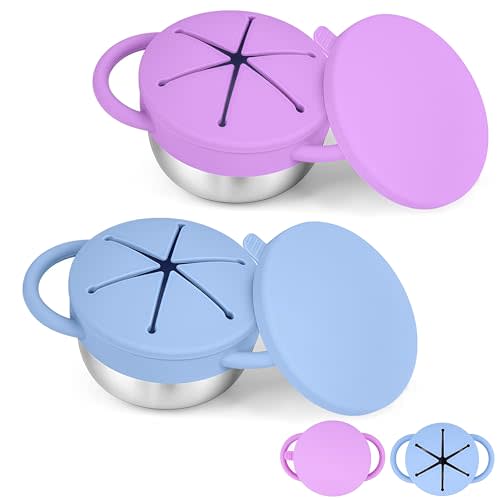 KLCKH 2-Pack Stainless Steel Snack Cup for Toddlers Spill-Proof, Baby Food Containers with Removable Silicone Lids & Handles | Dishwasher Safe, BPA-Free On-the-Go Kids Snack Containers Box
