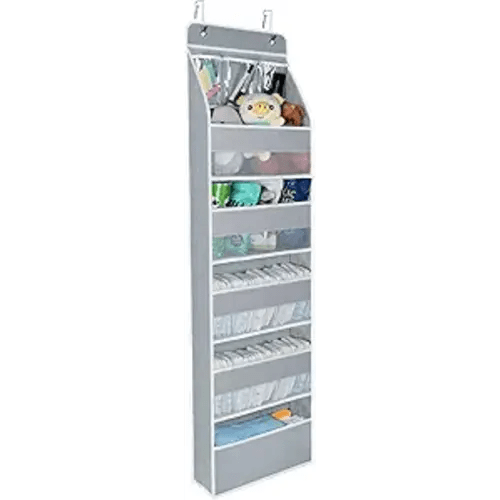 Univivi 6-Shelf Over Door Hanging Organizer Fabric Baby Door Storage with 5 Large Pockets and 3 Small PVC Pockets Wall Mount Hanging Storage Organizers for Baby Essential (Grey)