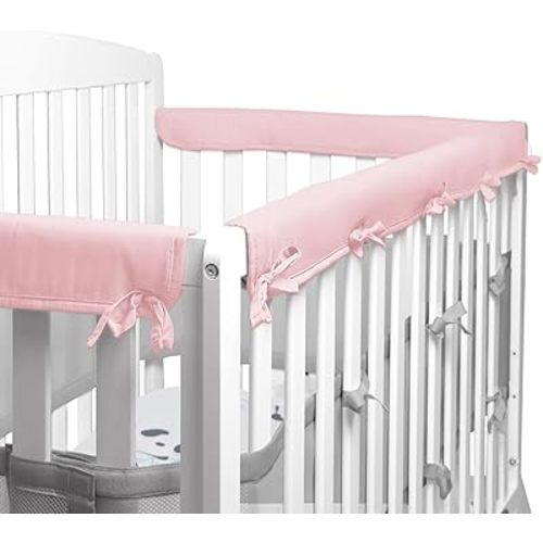 3-Pcs Pink/White Crib Rail Guard Cover for Teething, Protect Baby Teeth and Rails, Rail Edge Protector Strip, Soft Anti-Collision Cover in Cotton Fabrics, Cover 52" x 28" 3 & 4 Sides Full-Size Crib