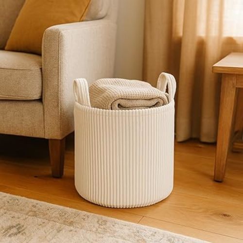 PUTSKA Blanket Basket – Round Storage for Toys and Blankets, Clothes, Stuffed Animals – Soft Baby Girl Basket for Nursery, Kids Room, Bedroom, Living Room – Regular, Cream