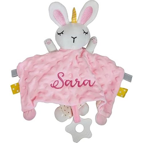 Bella's Giftshop Personalized Pink Bunny Baby Lovey Security Blanket for Newborn Girl, Custom Stuffed Animal Snuggle Blanket with Name, Customized Plush Gift Essentials