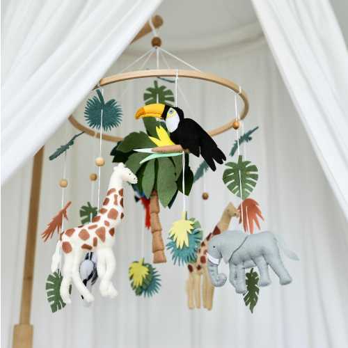Tropical baby mobile - Africa jungle animals theme mobile - Toucan giraffe zebra elephant and lion