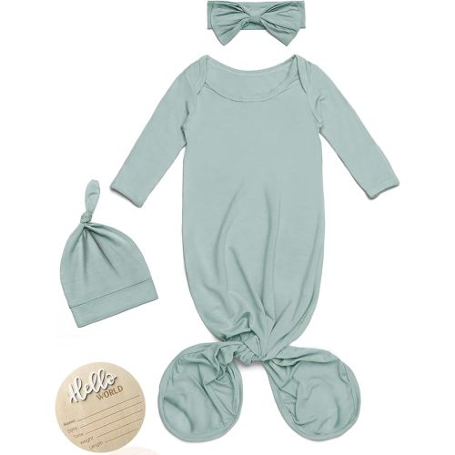 4pc Newborn Knotted Gown Set Hat Headband Hello World Sign, Coming Home Outfit Baby First