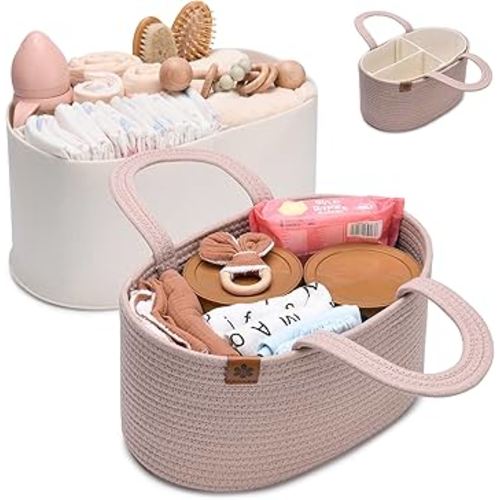 PeraBella Baby Diaper Caddy Organizer Girl, Nursery Storage Rope Baby Basket, Changing Table Organizer, Car Caddy Bag, Baby Boy Shower Gifts, Newborn Essentials Baby Registry Search Nursery Must Haves