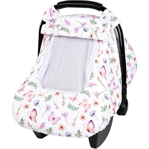 Pea Pod Car Seat Cover Baby, Infant Car Seat Canopy Covers with 2 Layers Windows of Breathable Mesh Fabric, Lightweight Polyester, Soft Minky Dot Backing (Butterfly Pattern)