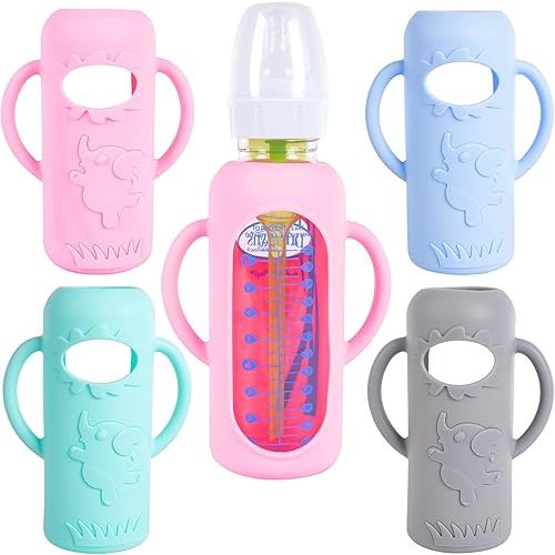 4-Pack Silicone Sleeves for Dr. Brown’s 8 oz Glass Baby Bottles – Drop-Proof Bottle Covers with Handles, BPA-Free Food-Grade Silicone, Thermal Insulated, Easy-Grip Design