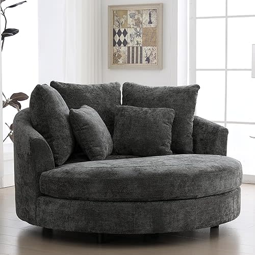 Sinzho & Wiyfun 59.8" W Oversized Accent Chair Extra Large Upholstered Round Barrel Chair with Wheels & 5 Pillows for Living Room, Knitted Chenille Fabric, Grey