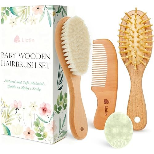 Lictin Baby Hair Brush and Comb Set, 4 Pcs Newborn Hair Brush with Soft Bristle, Natural Goat Hair and Wood Baby Cradle Cap Comb for Newborns & Toddlers, Newborn Baby Essentials, Perfect Registry Gift