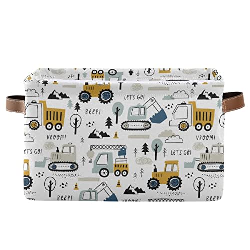 Excavator Truck Toy Storage Basket Fabric Kitchen Baskets Cars Boys Toys Open Home Storage Bins Boxes Foldable Organizer Bag for Baby Cloth Book Shelf Closet Baskets 16×12×8 Inches