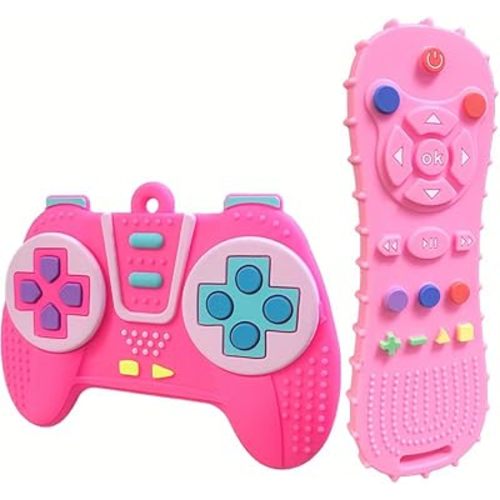 AALFA Baby Teething Toy, Soft TV Remote+Game Machine Shape Chew Set Intellectual Development Intellectual Development Educational Toy,Safe Silicone Toddler Infant (Pink (Handle+Remote Control))