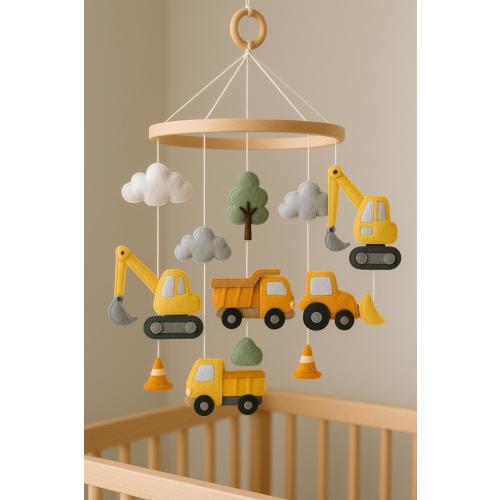Handmade Mobile Crib Cheerful Felt Construction Vehicles Theme Baby Room Accessory Mobile Nursery Felt Baby Mobile Boy