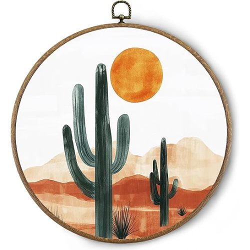 BitKAM Boho Western Round Wall Art Decor, Retro Southwestern Sunshine Cactus Desert Landscape Canvas Prints Framed, Vintage Western Boho Wall Hanging Decorations for Home Bedroom Office, 10x10 Inch Wall Sculptures