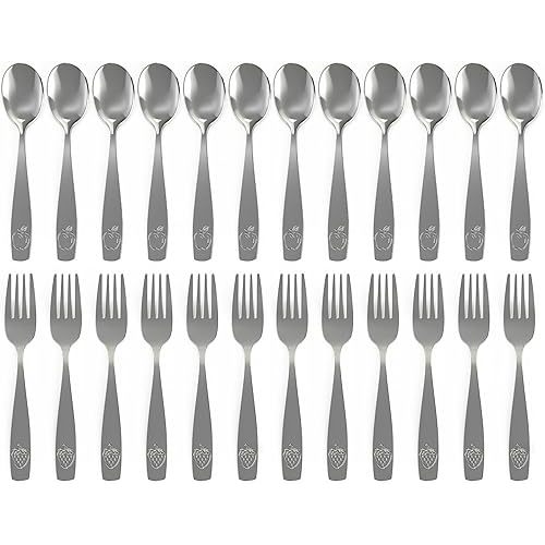 Stainless Steel Kids Silverware Set 24 Pieces (2 Pack of 12) - Child and Toddler Safe Flatware - Kids Utensil Set - Metal Kids Cutlery Set (Includes 12 Small Kids Spoons & Kids 12 Forks)