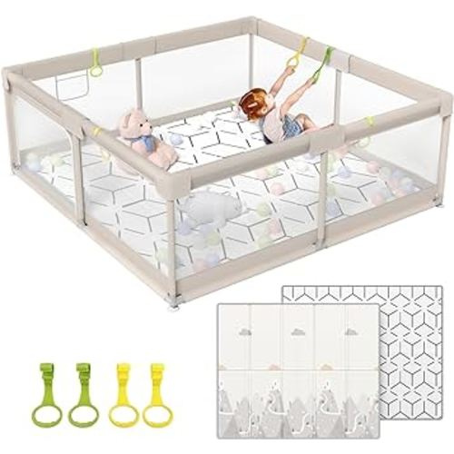 ZEEBABA Baby Playpen with Mat, Playpen for Babies (59x59x27inch), Kids Safety Play Pen for Babies and Toddlers, Extra Large Playpen Playmat, Baby Fence Gives Mommy a Break, Large Baby Play Yard
