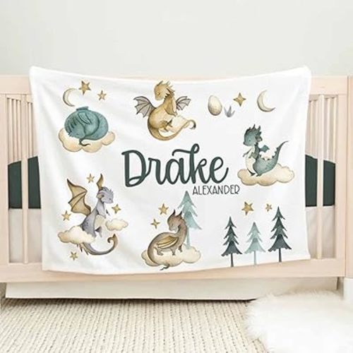 IZI POD Dragon Blanket- Personalized Dragon Baby Blanket- Newborn Coming Home Blanket- New Baby Gift