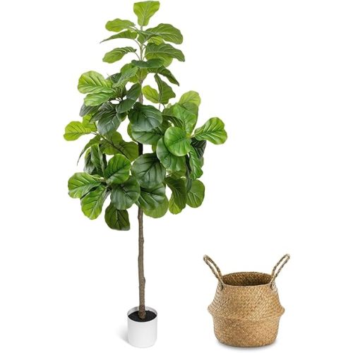 Artificial Fiddle Leaf Fig Tree 6FT - Large Fake Tree with White Planter&Basket, Tall Faux Ficus Lyrata Tree Floor Plants for Indoor Home Decor Office Living Room Housewarming Gift, 1Pack