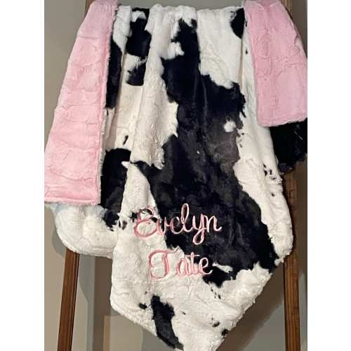 Personalized Baby Blanket, Black and White Cow, Light Pink Minky Blanket, Baby Boy or Baby Girl Blanket, Baby Shower Gift