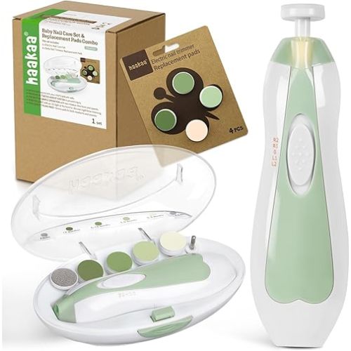 haakaa Baby Nail Trimmer Electric Baby Nail Clippers Kit for Newborn, Toddler or Adults Fingernails and Toenails Care, Baby Nail Care Set & Extra 4 Replacement Pads Combo - Meadow