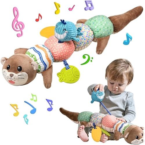 TUMAMA Stuffed Animal Baby Toys, Tummy Time Musical Plush Otter Toy with Crinkle Paper Rattle and Teether, Soft Activity Sensory Toy for 3 4 5 6 12 Months Boys and Girls First Birthday Gift