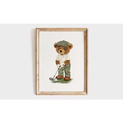 Golf Print, Teddy Bear Playing Golf Wall Art, Sports Nursery Theme Decor, Green Vintage Nursery Wall Art, Unframed or Digital