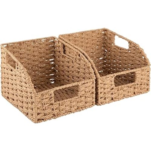 OIAHOMY Pantry Baskets for Organizing, Paper Rope Baskets with Built-in Handles, Wicker Storage Bins for Shelves, 2 Pack-Yellow