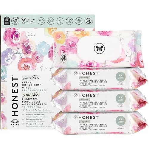 The Honest Company Clean Conscious Multi-Use Wipes | Hypoallergenic + Unscented for Sensitive Skin | Over 99% Water, Compostable, Plant Based, Baby Wipes | Rose Blossom, 288 Count