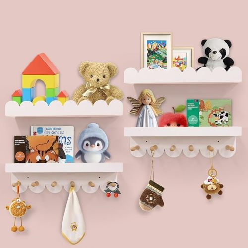 Floating Nursery Book Shelves for Wall, 16'' Wood Book Shelf for Baby Boys Girls Bedroom Bathroom and Décor Storage, Wall Shelf for Books, Plants, Toys, Photo Frames (White-Wooden Pegs, 4 Pack)