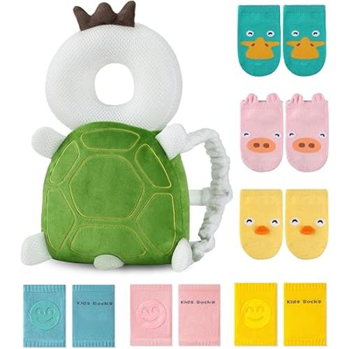 JunNeng Toddler Baby Head Protector Backpack for Toddler Walker with Knee Pads&Anti-Slip Socks, Turtle