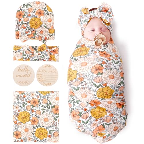 DRESHOW BQUBO Baby Girl Newborn Floral Receiving Blankets with Bow Hat Headband Wooden Birth Announcement Card Set Newborn Baby Swaddling Hats Sleepsack Toddler Warm Shower Gift