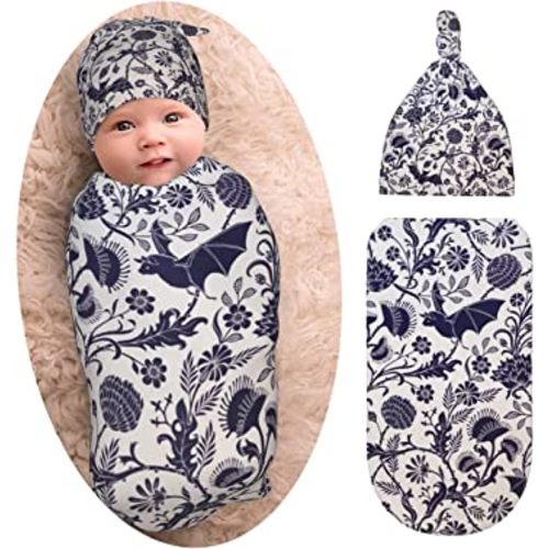 Newborn Baby Swaddle Set Bats Flower Infant Receiving Blanket with Beanie Hat, Baby Photography, One Size