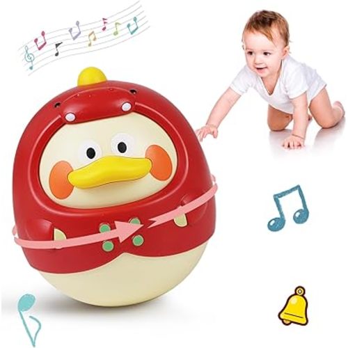 Tinabless Tummy Time Toys, Dinosaur-Duck Roly Poly Baby Toy, Musical Wobbler Toy | Tumbler Wobbler Toy for Newborns 3-12 Month Baby Boys and Girls Easter Basket Gift First Birthday Present (Red)