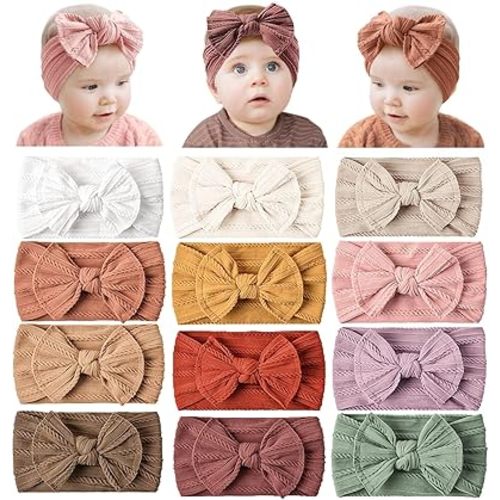 Prohouse 12 Pack Baby Nylon Headbands Hairbands Hair Bow Elastics Handmade Hair Accessories for Baby Girls Newborn Infant Toddlers Kids(Pink)
