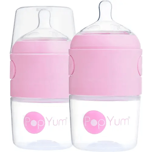 PopYum 5 oz Pink Anti-Colic Formula Making/Mixing/Dispenser Baby Bottles, 2-Pack with #1 Slow Flow Nipples, 150 ml, BPA-Free, Natural Latch